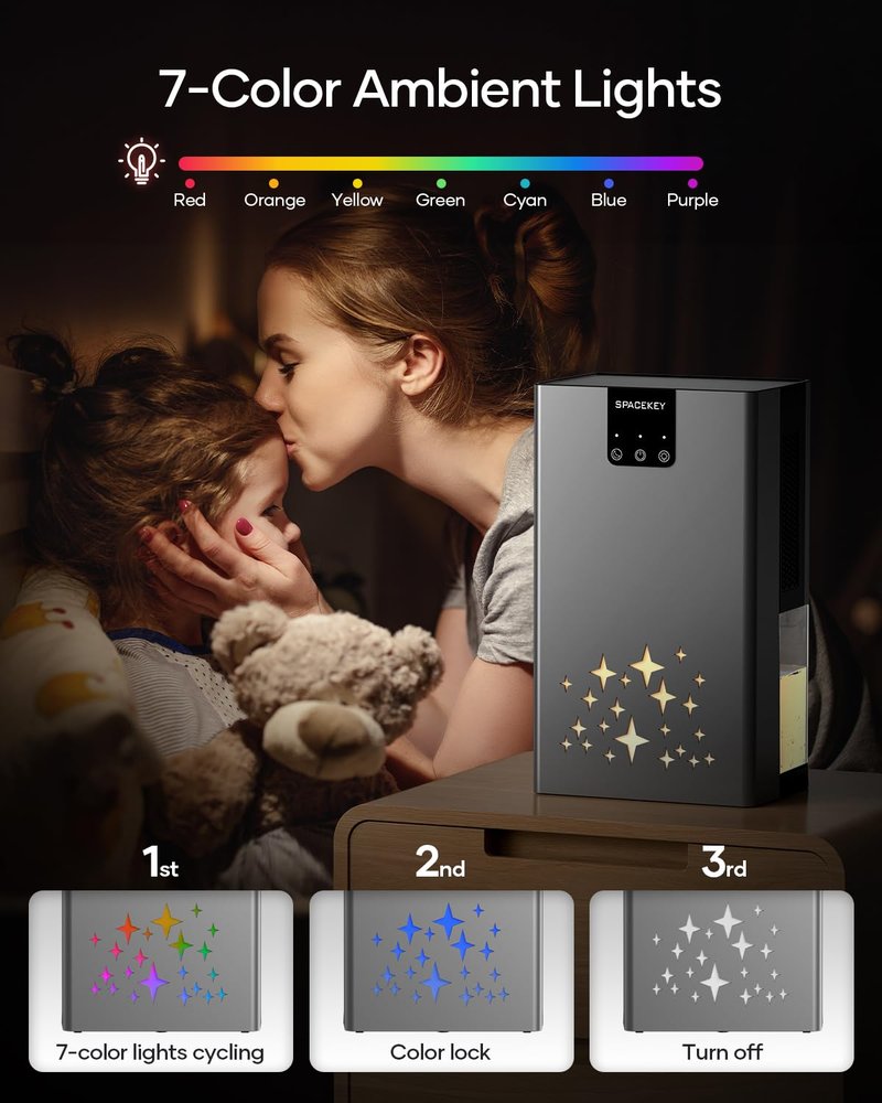 Dehumidifier, 95 OZ Water Tank Dehumidifiers for Home, 1000 sq. ft. Dehumidifier for Basement Bathroom Bedroom with Auto Shut Off, 7 Colors LED Light, Quiet Dehumidifiers with Sleep Mode, Grey