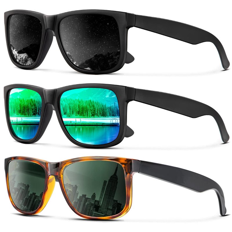 KALIYADI Sunglasses Men Polarized Sun glasses for Mens Womens Classic Matte Black Frame UV Protection 3pack (Black & Green & G15)