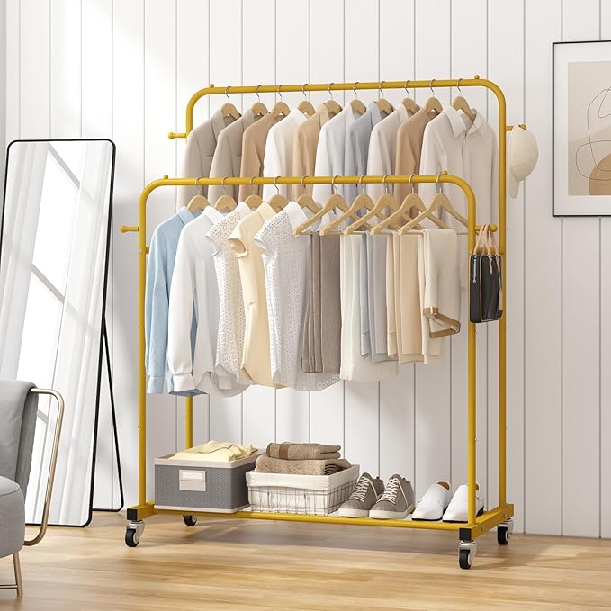 Laiensia Double Rods Garment Rack with Wheels, Clothing Rack for Hanging Clothes,4 Hooks, Multi-functional Bedroom Clothes Rack, Gold