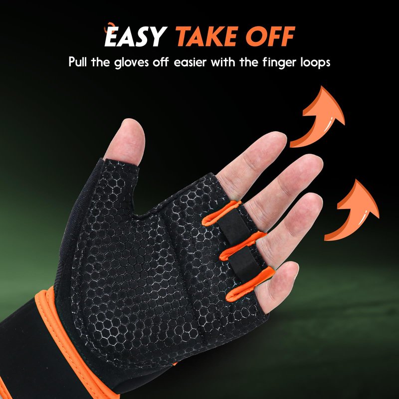 HTZPLOO Workout Gloves for Men Women - Weight Lifting With Full Palm Pad, Strong Wrist Wraps Support, Enhanced Grip - Fitness, Training, Exercise (Black&Orange, Medium)