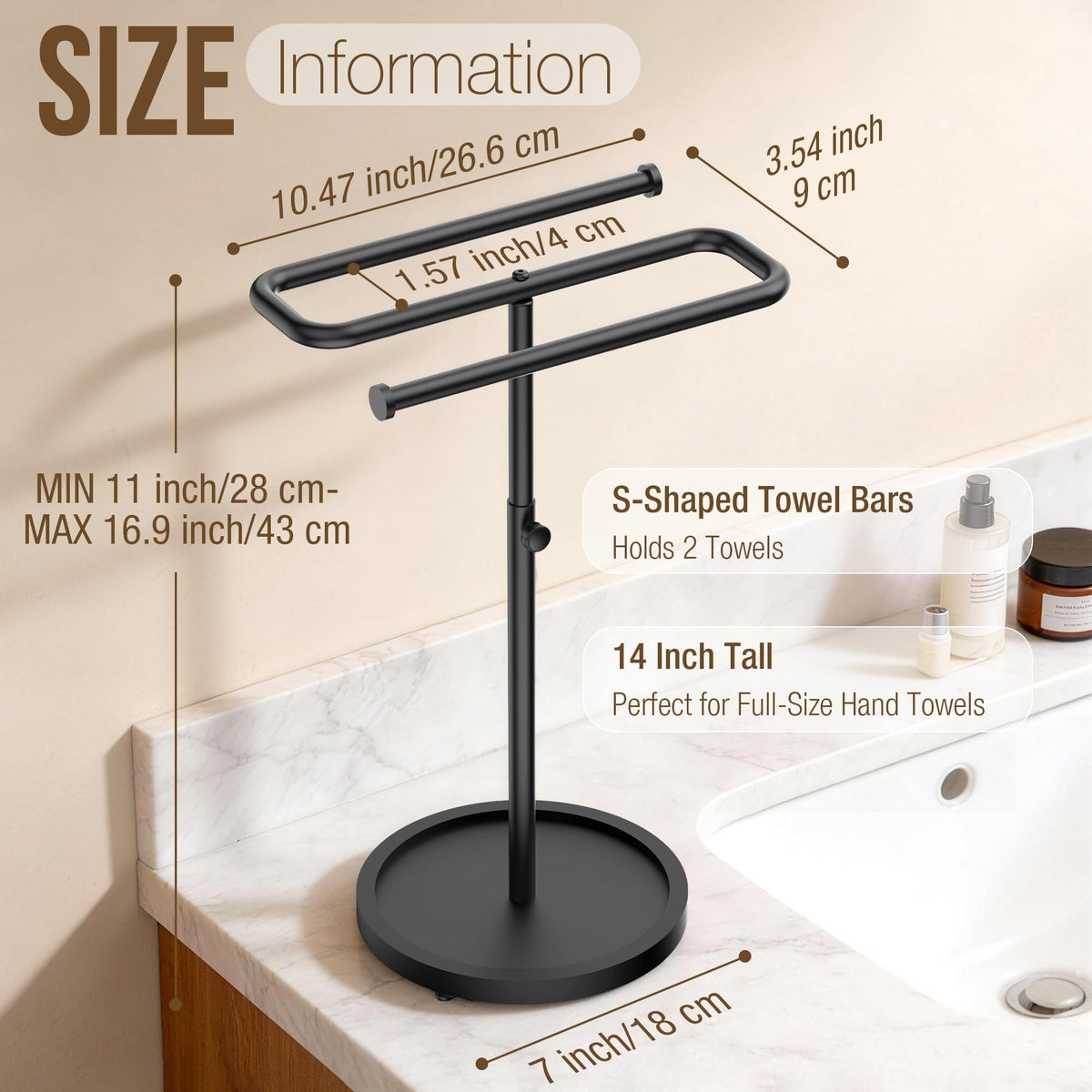 Aetyord Z-Shape Countertop Towel Holder - Height Adjustable for Bathroom/Kitchen/RV | Rustproof Metal & Wood Base Black