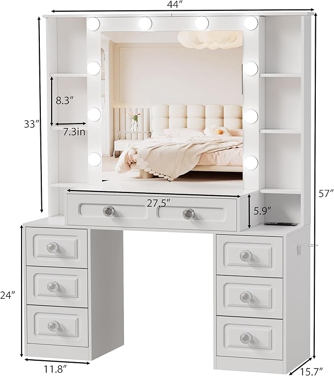 Farmhouse Makeup Vanity with Lighted Mirror & Charging Station, Vanity Desk Dresser Table with 3 Lighting Modes Brightness Adjustable,Drawers,Hair Dryer Stand for Bedroom,White(No Stool)