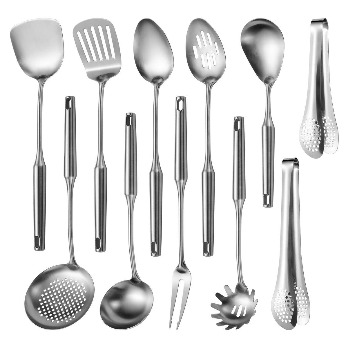 304 Stainlss Steel Matte Kitchen Utensils Set, 11 Pcs Long Metal Cooking Utensil Gadgets Tools Set with Spatula, Ladle, Spoon, Ladle, Skimmer, Tunner, Pasta Server, Tongs(Black, Dishwasher Safe)