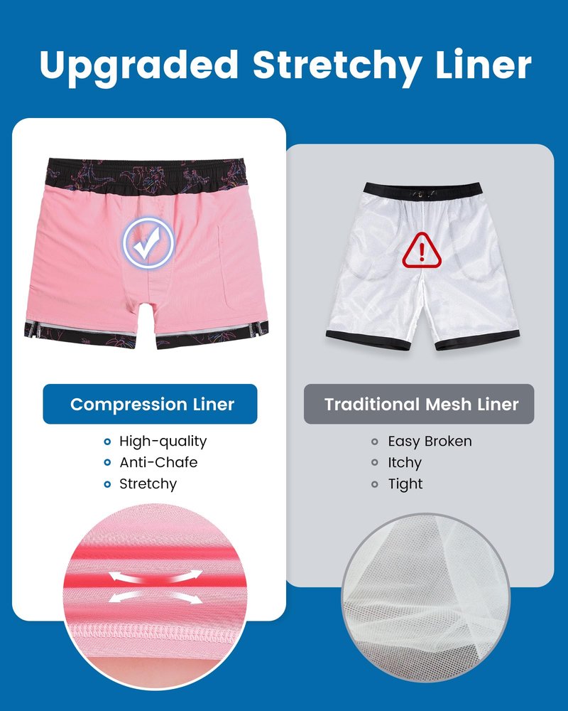 maamgic Mens Swim Trunks with Compression Liner 5 Inch, Quick Dry Bathing Suit with Zipper Pockets, Stretch No-Chafing Swim Shorts, Black-Pink Dinosaur Large