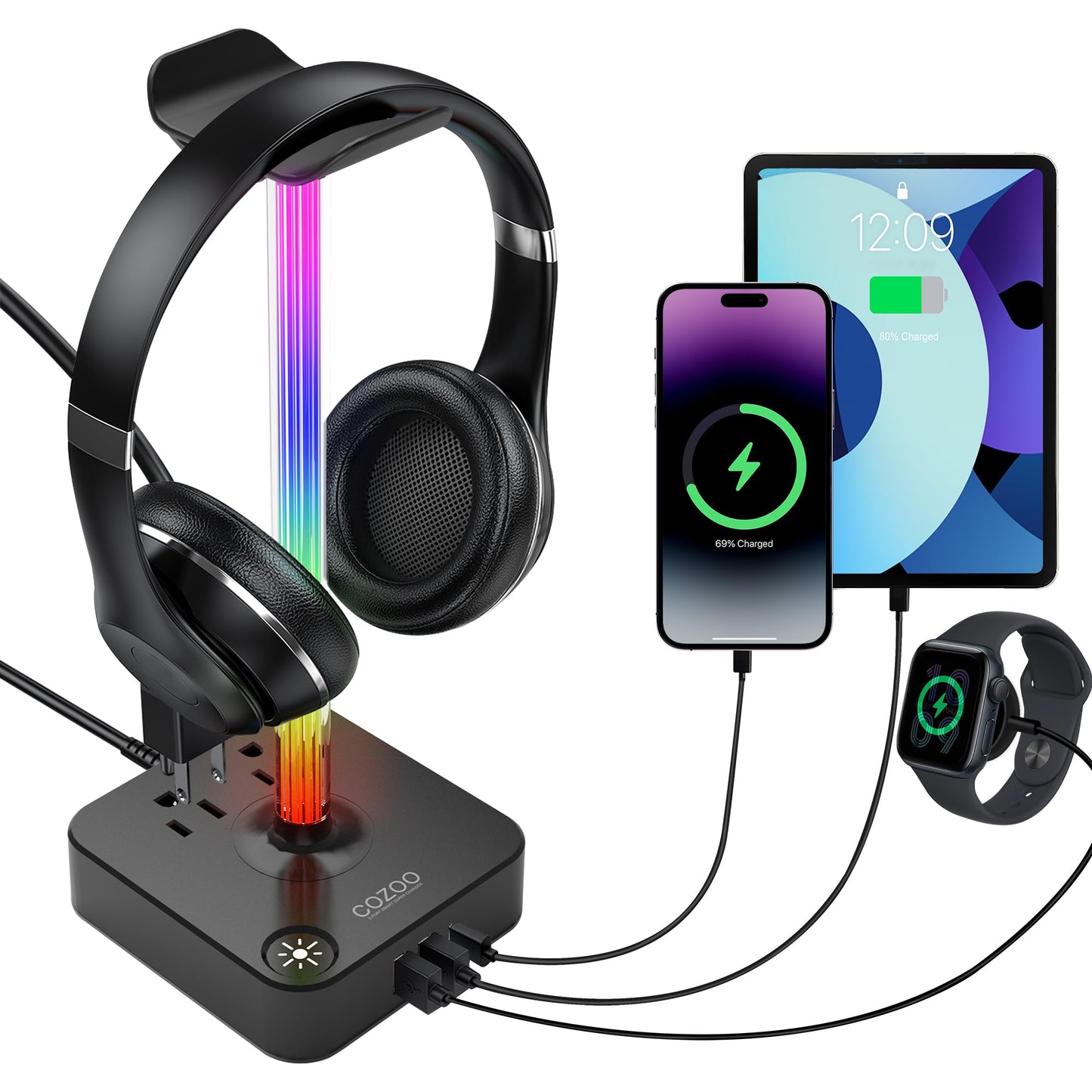 COZOO Headphone Stand with USB Charger Desktop Gaming Headset Holder Hanger with 3 USB Charging Station and 2 Outlets Power Strip,Suitable for Gaming, DJ,Wireless Earphone Display, Gamer Gifts for Men