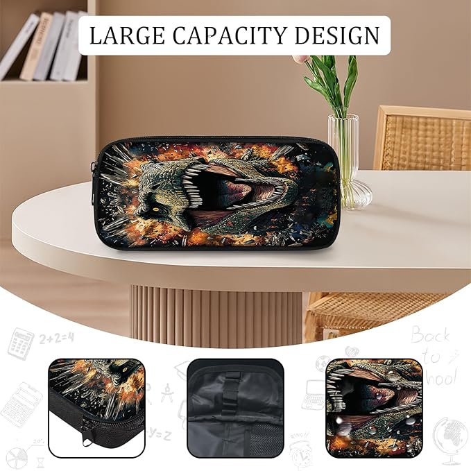 Dinosaur Backpack Set 3 Piece School Bags and Lunch Box with Pencil Case Black Dino Cool Bookbag Set for Toddler Kids Girls Boys Teens Kindergarten Elementary Middle
