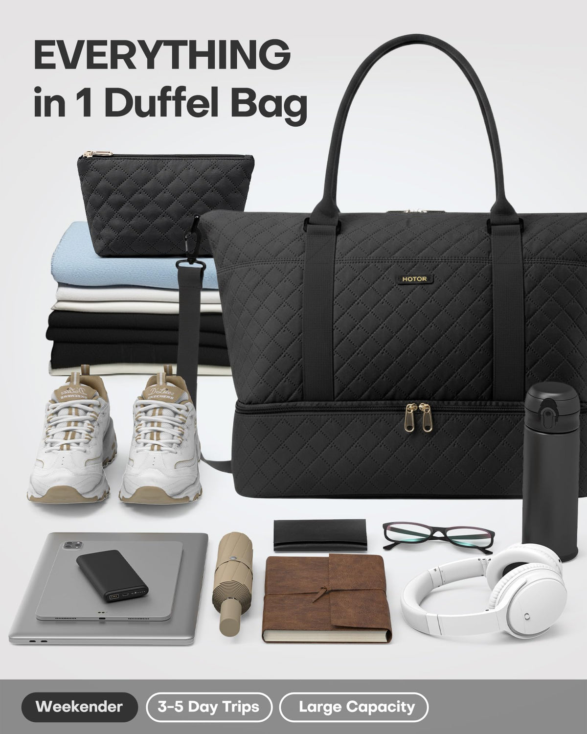 HOTOR Travel Duffel Bag - Weekender Bags for Women, Gym Tote Bags with Shoe Compartment, Carry On Overnight Bag with Toiletry Bag for Travel Essentials and Travel Accessories, Black, 13.4"×17.3"×7.9"
