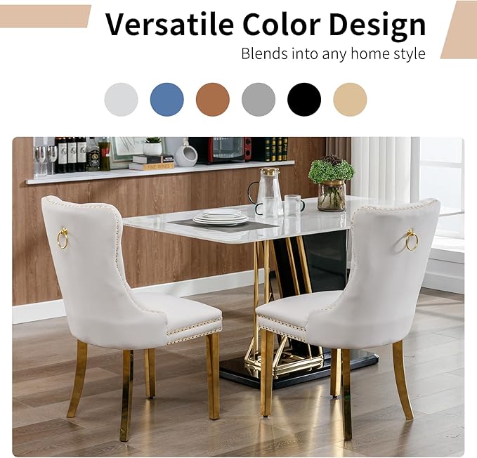 Luxury Upholstered Dining Chairs Set of 2, Beige Kitchen Chair with Golden Metal Legs, Velvet Tufted Back Dining Chair, Sillas de Comedor, Modern Kitchen & Dining Room Chairs (Beige, 2 Pcs)