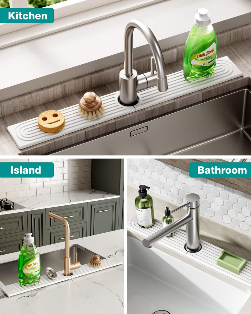Stone Faucet Mat for Kitchen Sink, Diatomite Sink Protectors - Prevent Moisture Drying Stone Tray Fit Kitchen Counter & Bathroom Counter (White, 15.8" x 4")