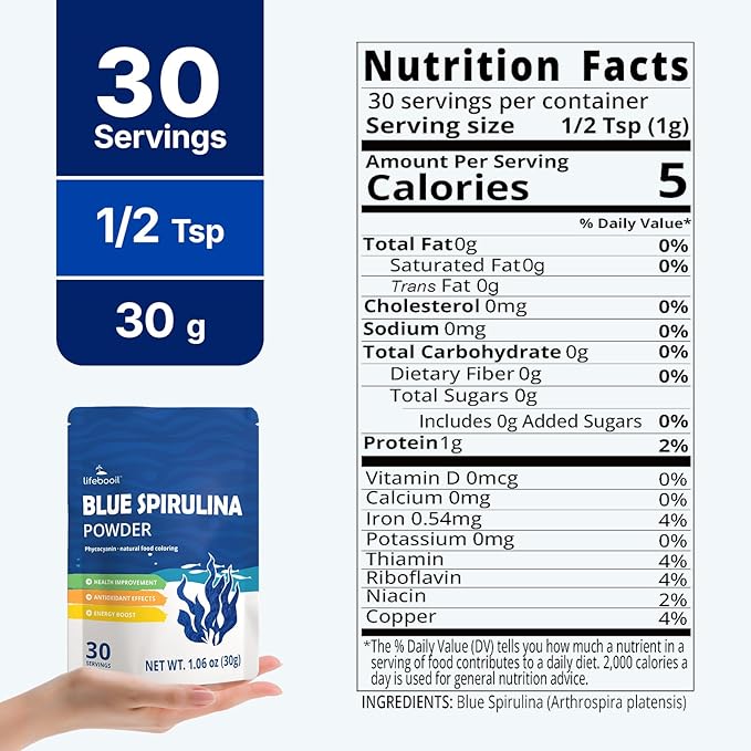 Lifebooil Blue Spirulina Powder, 100% Natural Pure Phycocyanin Extract, 30g