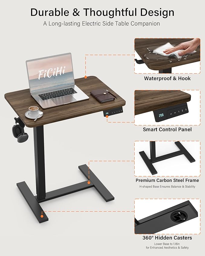 FiCiHi Small Electric Standing Desk - Adjustable Height Bedside Laptop Table with Wheels, Mobile, Portable Rolling Computer Workstation Sit Stand Table for Home Office, Sofa, Couch Use(28x16,Walnut)