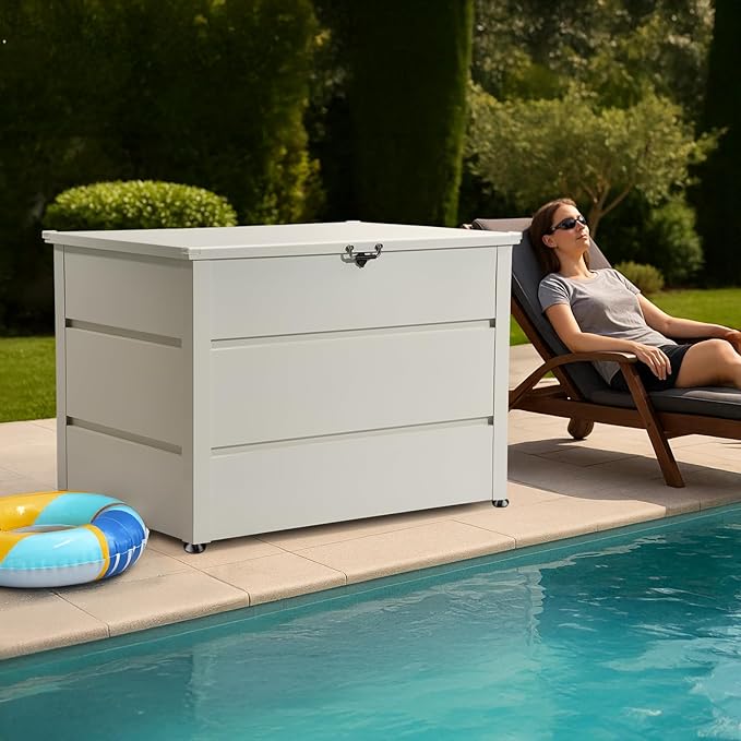 Quictent 150 Gallon Metal Outdoor Deck Box with Hydraulic Lid, Easy Assemble Waterproof Weather-Resistant Storage Bin, 660LBS Capacity for Patio/Garden/Poolside, White