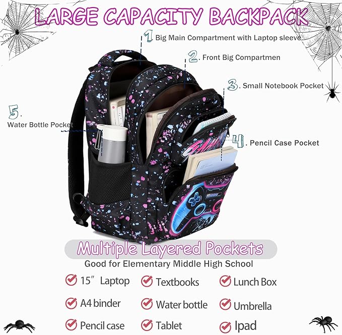 Kids Backpack Boys Gamer Backpack with Lunch Box Kindergarten Elementary Middle School Travel Sport Gaming Bookbag for Boys Girls Ages 4-14, Game-Galaxy