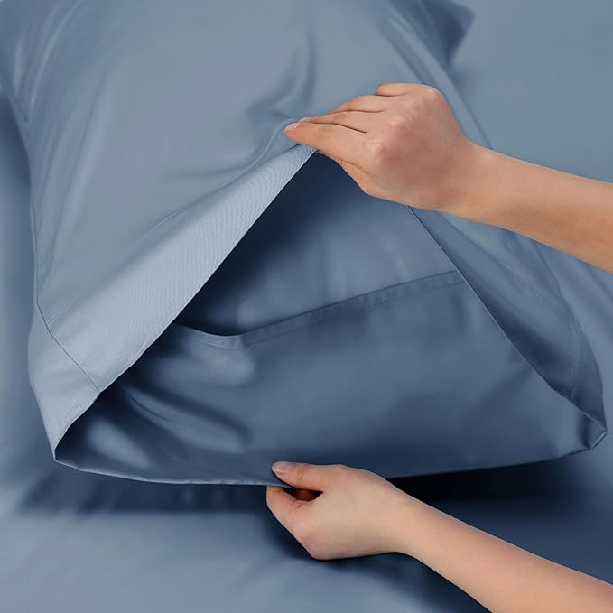 Bedsure Queen Sheet Set, Cooling Sheets for Queen Size Bed Set, Rayon Derived from Bamboo, Breathable & Soft, Deep Pocket, Hotel Luxury Silky Bedding for Hot Sleepers, Dusty Blue