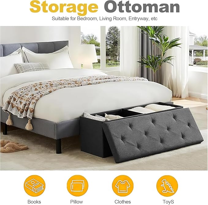 30 Inches Folding Storage Ottoman Bench, Ottoman Foot Rest, Storage Chest, End of Bed Foot Rest Stool with Padded Seat for Living Room, Bedroom, Entryway, Support 660lbs, Linen, Grey