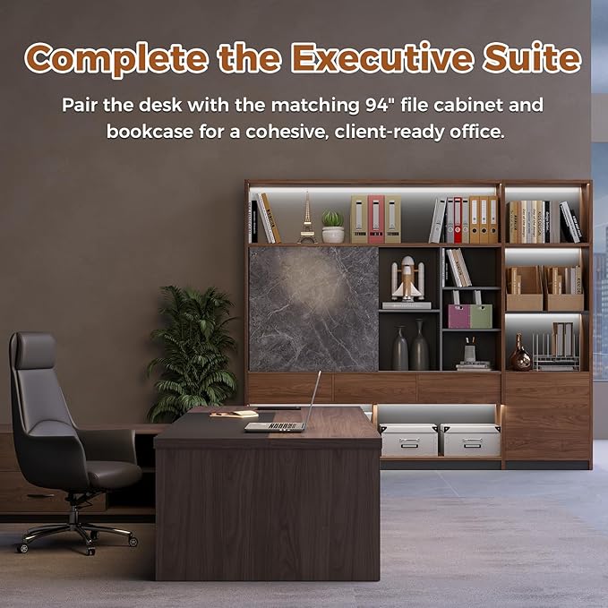 L-Shaped Executive Desk with LED Lights, Lockable Storage & 3-in-1 Charging Station, Reversible Cabinet, Modern Wood Office Desk for CEO, Manager & Home Office(Red Walnut+Black, 79"L*63"W*30"H)