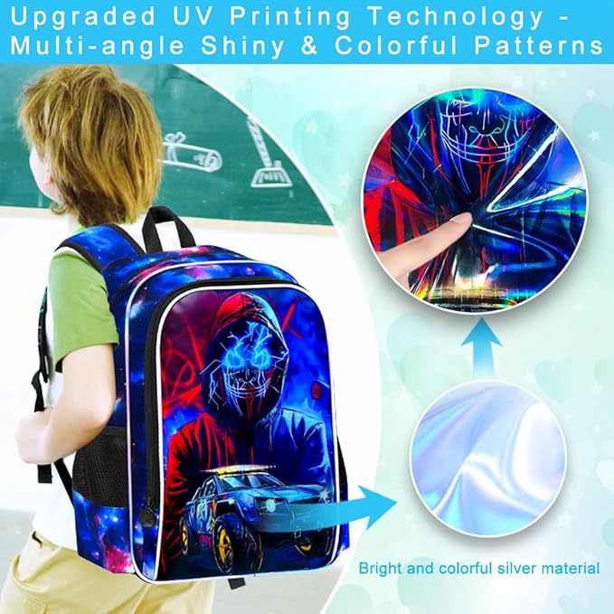 gxtvo 3PCS Boys Truck Backpack, 17" Kids Demon Bookbag with Lunch Box, Water Resistant Middle Elementary School Bag - Devil Man Truck