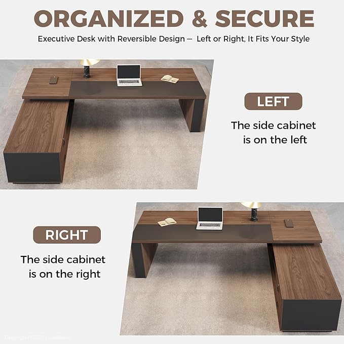 L-Shaped Executive Desk with LED Lights, Lockable Storage & 3-in-1 Charging Station, Reversible Cabinet, Modern Wood Office Desk for CEO, Manager & Home Office(Red Walnut+Black, 79"L*63"W*30"H)