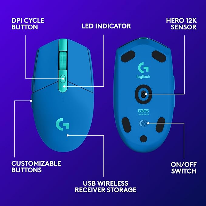 Logitech G305 Lightspeed Wireless Gaming Mouse, Hero Sensor, 12,000 DPI, Lightweight, 6 Programmable Buttons, 250h Battery, On-Board Memory, Compatible with PC, Mac - Blue