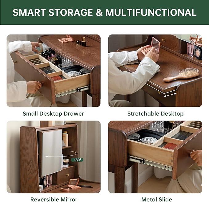 Small Vanity Desk with Mirror, Solid Wood Dressing Table, Movable Drawer Divider, Extendable Table Board for Bedroom, Walnut Color, 25" D x 16.5" W x 50" H
