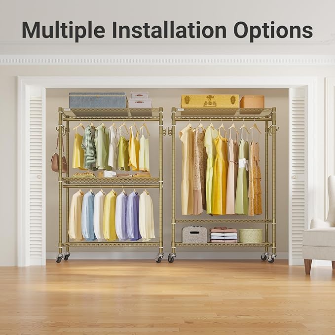 VIPEK R2 Plus Rolling Clothes Rack for Hanging Clothes Heavy Duty Garment Rack 3 Tiers Adjustable Wire Shelving Clothing Racks with Double Hanging Rods, Closet Organizers and Storage, Gold