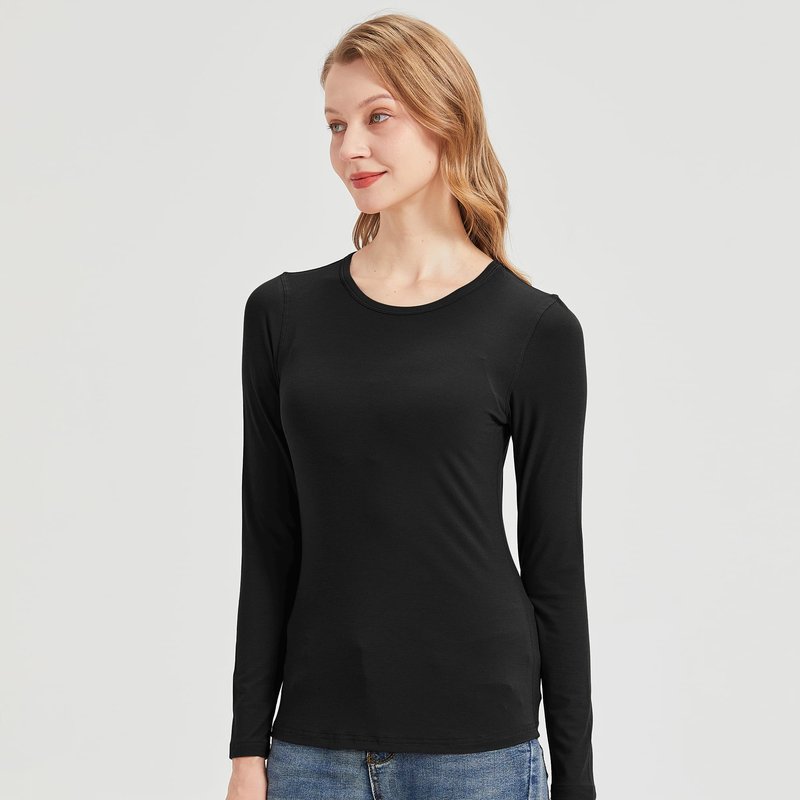netdraw Women's Buttery Soft Ribbed Bamboo Viscose Long Sleeve T-Shirt Crew Neck Casual Tops Slim Fitted Thermal Undershirt, Black, Medium