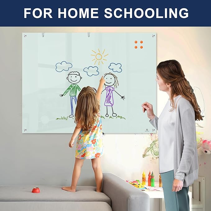 TSJ OFFICE Glass Dry-Erase Board - 48 x 30 Inches Wall Mounted Magnetic Whiteboard, Large Frameless Glass White Board for Office, Home & School