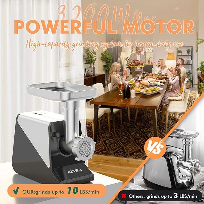 ALTRA LIFE Electric Meat Grinder, 2800W Max Sausage Stuffer with 2 Blades, 3 Plates, Sausage Tube, Vegetable Cheese Grater, 2 Meat Claws, Burger Press & Kubbe Kit for Home use, Built-in Storage