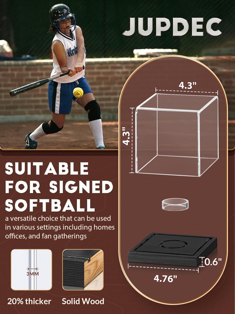 JupDec Softball Display Case Clear Acrylic Ball Holder, UV Protected Cube with Wood Base Stand, Championship Sports Collections Box Showcase, Black