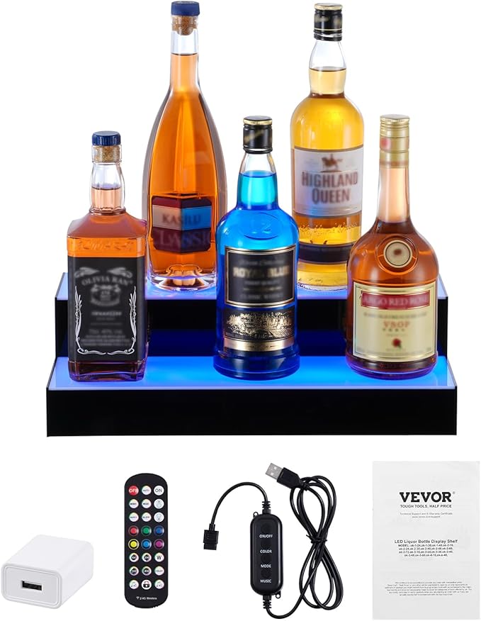 VEVOR LED Lighted Liquor Bottle Display, 2 Tiers 16 Inch Commercial Illuminated Home Bar Shelf, 2 Steps Whiskey Rack Stand, Acrylic Drink Shelves with RF Remote & App Control, and Multicolor Light
