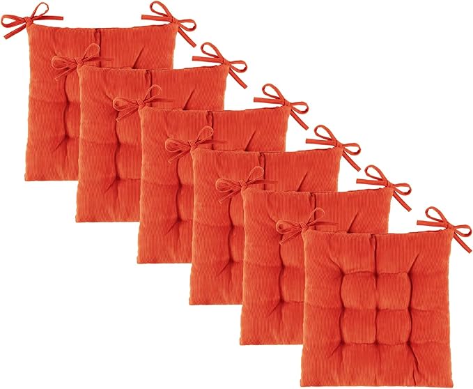 Square Seat Cushion for Kitchen Dining Chairs, Soft & Comfortable 15.5" x 15.5" Chair Pads, 6 Packs, Orange