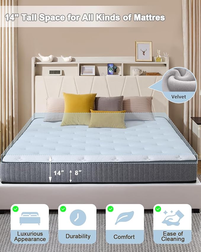 Full Size Bed Frame, Velvet Upholstered LED Platform Bed with Headboard Storage, Bed Frame Full Built-in Charging Station with 4 Drawers, Wood Slat Support, No Box Spring Needed, Beige