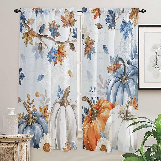 Fall Blue Maple Window Curtains 72 Inch Long 2 Panel Set, Rod Pocket Long