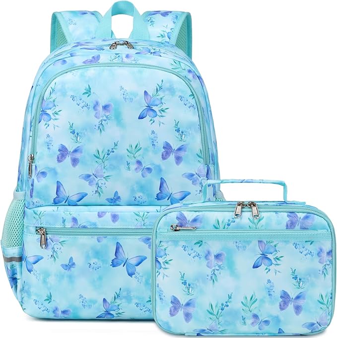 DSIUE Kids Backpack for Girls Elementary BookBags Teens Middle School Backpack with Lunch Box (Butterfly Green)