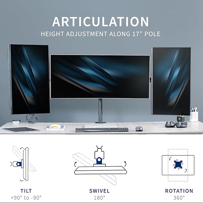 VIVO Premium Triple Monitor Desk Mount for 3 Screens up to 22 lbs, Fits up to 38 inch Ultrawides on Center Bracket, Adjustable Telescoping Arms, Flush Wall Setup, Black, STAND-TS03C