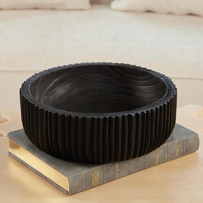 DN DECONATION Wooden Decorative Bowl, 9.84” Black Wood Fruit Bowl for Rustic Home Decor, Key Bowls for Farmhouse Decor Table Centerpiece Entryway Living Room Kitchen