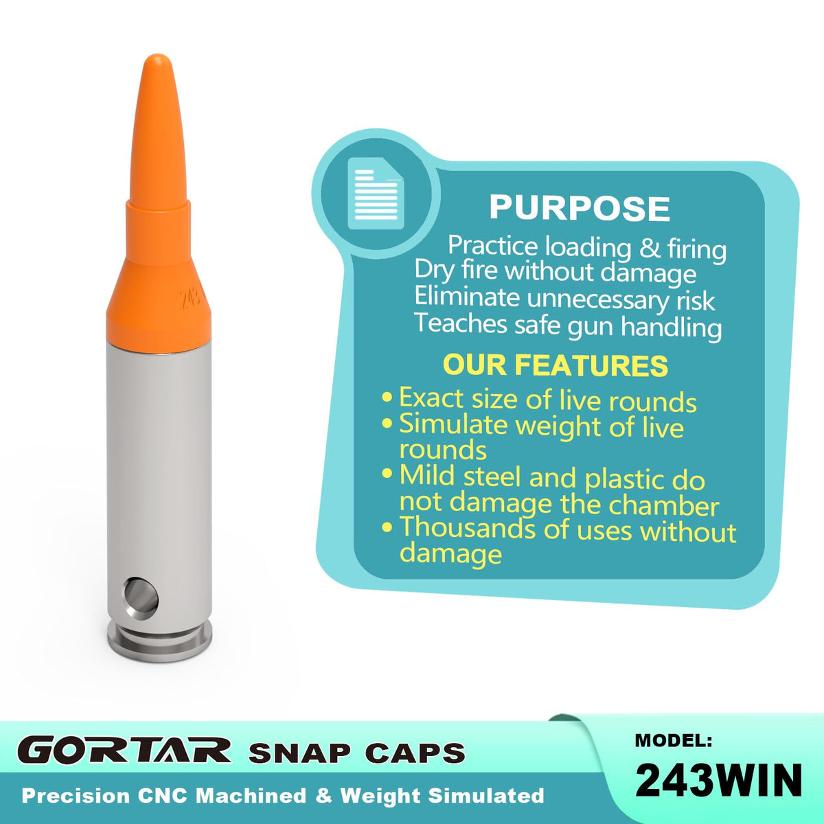 GORTAR 243 Win Snap Caps Training Dummy Rounds Practice Safe Loading Firing Close to Real Weight -6 Pcs