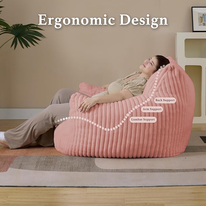 Giant Plush Bean Bag Chair for Adults with Armrests - Oversized Comfy Pink Beanbag Lounge Lazy Floor Sofa Accent Chair for Living Room, Bedroom & Dorm, Cozy Fluffy Single Cloud Mini Couch
