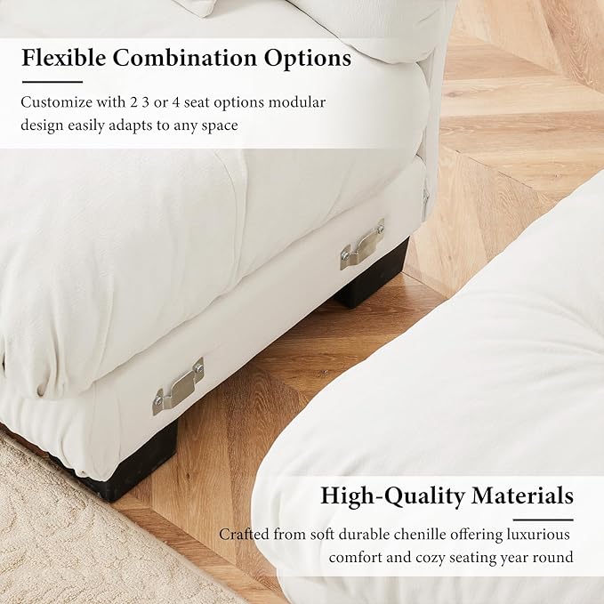 173.2" Oversized Couch, 4 Seater Modular Sectional Sofa, White Sectional Fluffy Couch Set, Chenille Cloud Couch with 6 Pillows, Deep Seat Sofas for Living Room