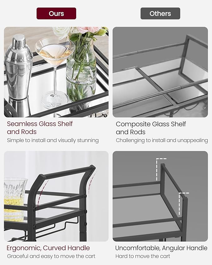 VASAGLE Bar Cart, Home Bar Serving Cart, Small Bar Serving Cart with 3-Tier Shelf, Wine Holders, Glass Holders, Mini Bar Cart for Small Spaces, Kitchen, Dining Room, Living Room, Ink Black