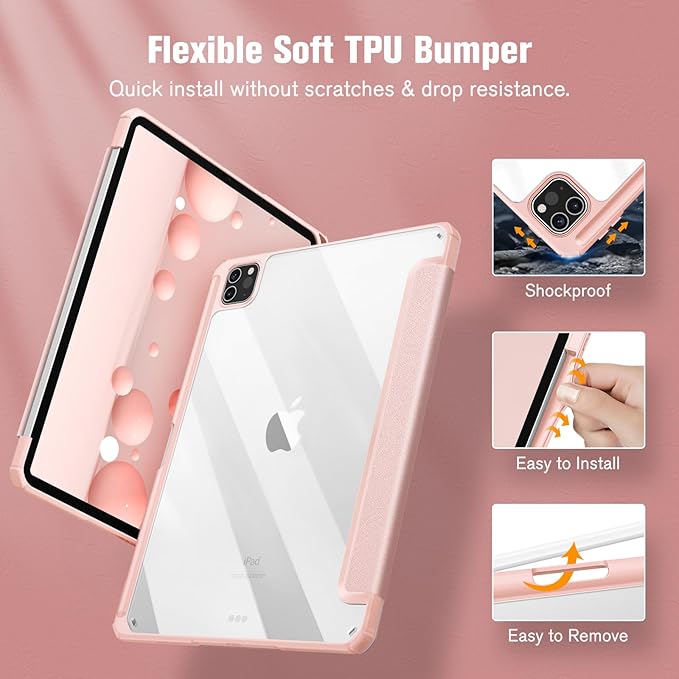 Fintie Hybrid Slim Case for iPad Pro 11-inch (4th / 3rd Generation) 2022/2021 - [Built-in Pencil Holder] Shockproof Cover w/Clear Transparent Back Shell, Also Fit iPad Pro 11" 2nd Gen, Rose Gold