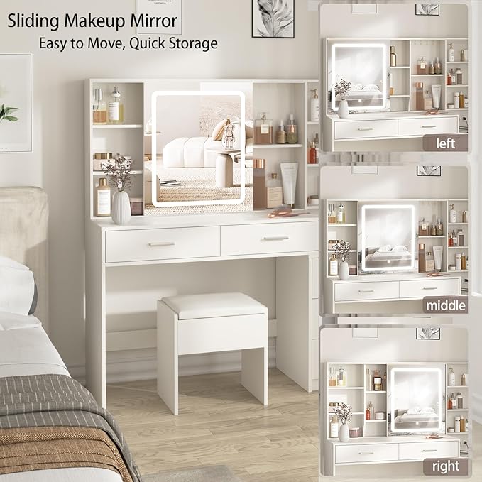 Fameill Vanity Desk with Mirror and Lights, Makeup Vanity with 5 Drawers, Makeup Desk with Charging Station and Ample Storage, Dressing Table with Chair for Bedroom Room (White)