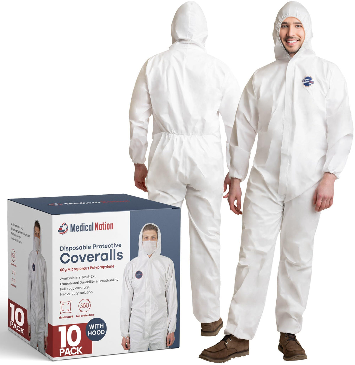 Medical Nation Hazmat Suits Disposable | 10 Pack | With Hood, Heavy Duty, Breathable Disposable Coverall, Painter Suit | Large