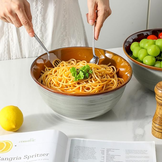 MEKY Serving Bowls, 84oz Ceramic Mixing Bowls for Salad Pasta Soup Pho Pasta Ramen, 9 Inch Large Kitchen Durable Bowls for Baking Cooking Party Dinner, Microwave & Dishwasher Safe,Set of 2, Brown