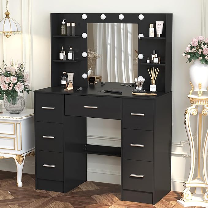 Vanity Desk with Mirror and Lights, Large Makeup Vanity Table Set with Drawers, Black Vanity with Lighted Mirror for Bedroom, Dressing Table for Teen Girls and Adult Women