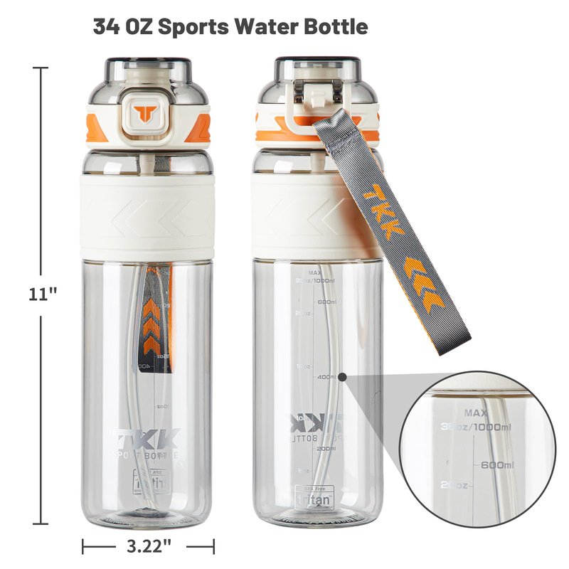 TKK Sports Water Bottles with Removable Straw 34 oz Leak-proof Flip Top Lid BPA Free Tritan Bottles with Strap for School, Fitness, Gym, Outdoor, White