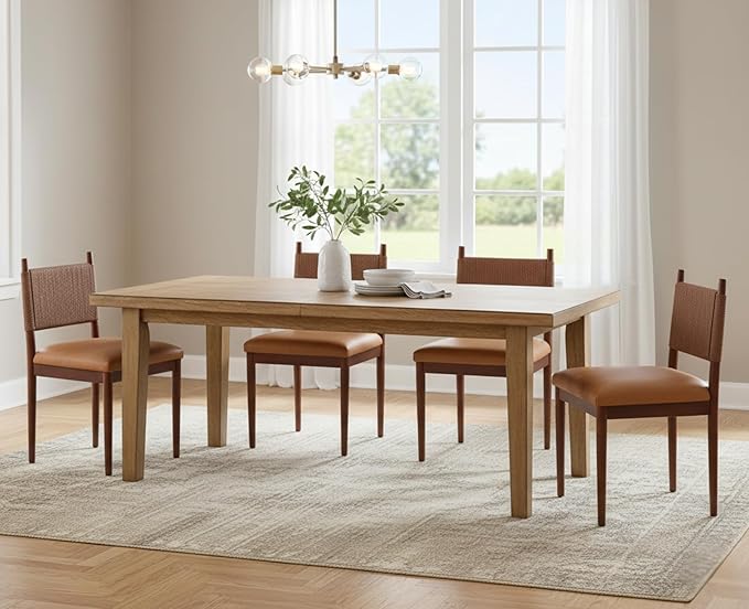 CIMOTA Brown Faux Leather Dining Chairs Set of 2, Mid Century Modern Upholstered Dining Room Chairs with Woven Back, Armless Kitchen Chairs with Walnut Solid Wood Legs, PU