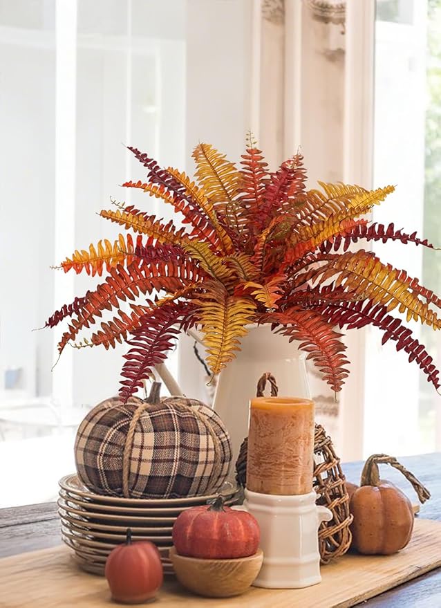 Fall Ferns Artificial Plants 37 Fronds Faux Ferns for Outdoor Planter Fake Fall Leaves Stems Artificial Fern Bouquet Silk Autumn Shrubs for Table Centerpiece Porch Vase Home Garden Thanksgiving Decor