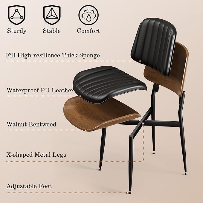 Dining Chairs Set of 4, Mid-Century Modern Upholstered PU Leather Chairs with Walnut Bentwood Back and Metal Legs Adjustable Feet for Kitchen Dining Living Room, Dark Black Vertical Stripes