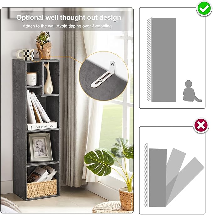VECELO Small Bookshelf, 5 Cube Slim Bookcase, Fits Tallest Hardcovers, Horizontal Available, Modern Floor Standing Unit, Each Shelf Hold Up to 66 LBS,Gray